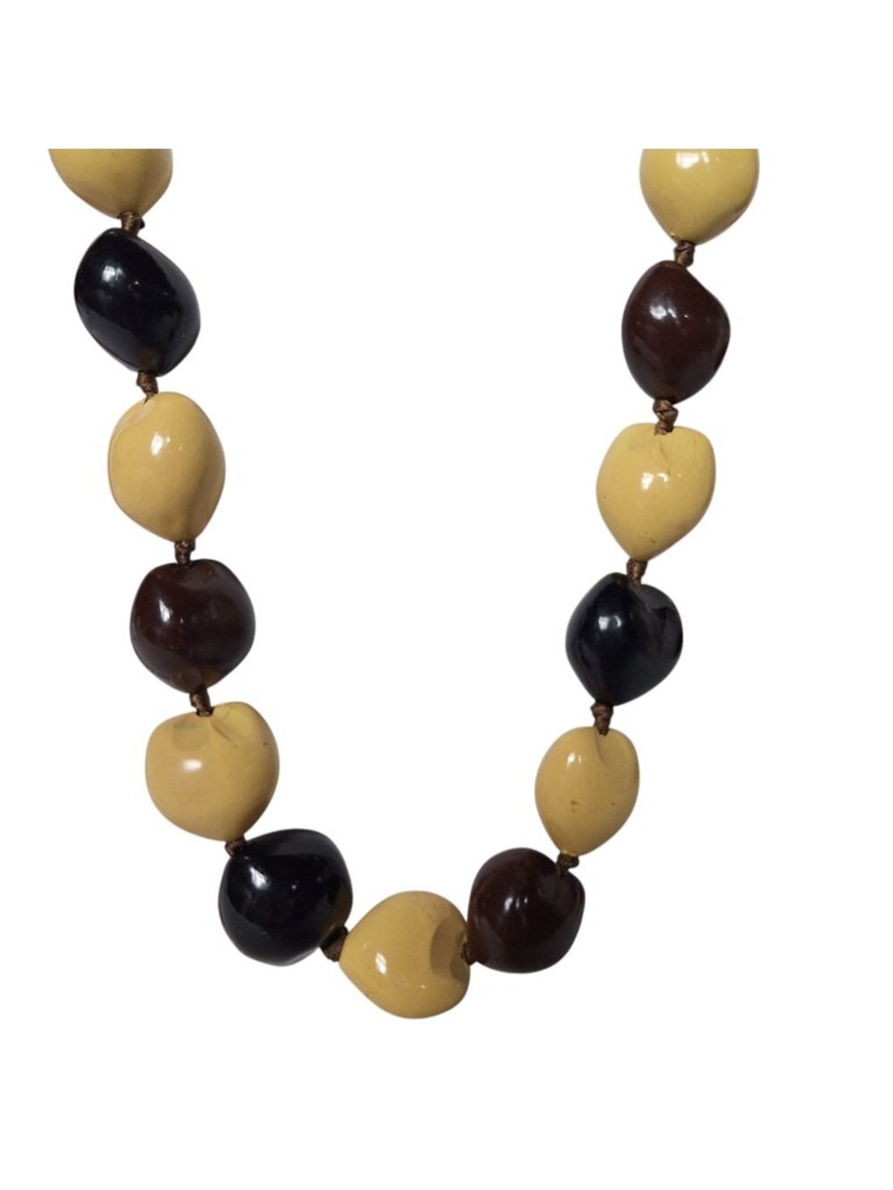 Vintage Kukui Nut Necklace Brown Tan Cream Hawaiian Bead Ribbon Choker Boho